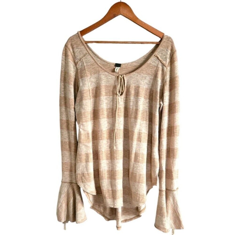 Free People Beige Cream Striped Scoop-Neck Tunic with Bell Sleeves